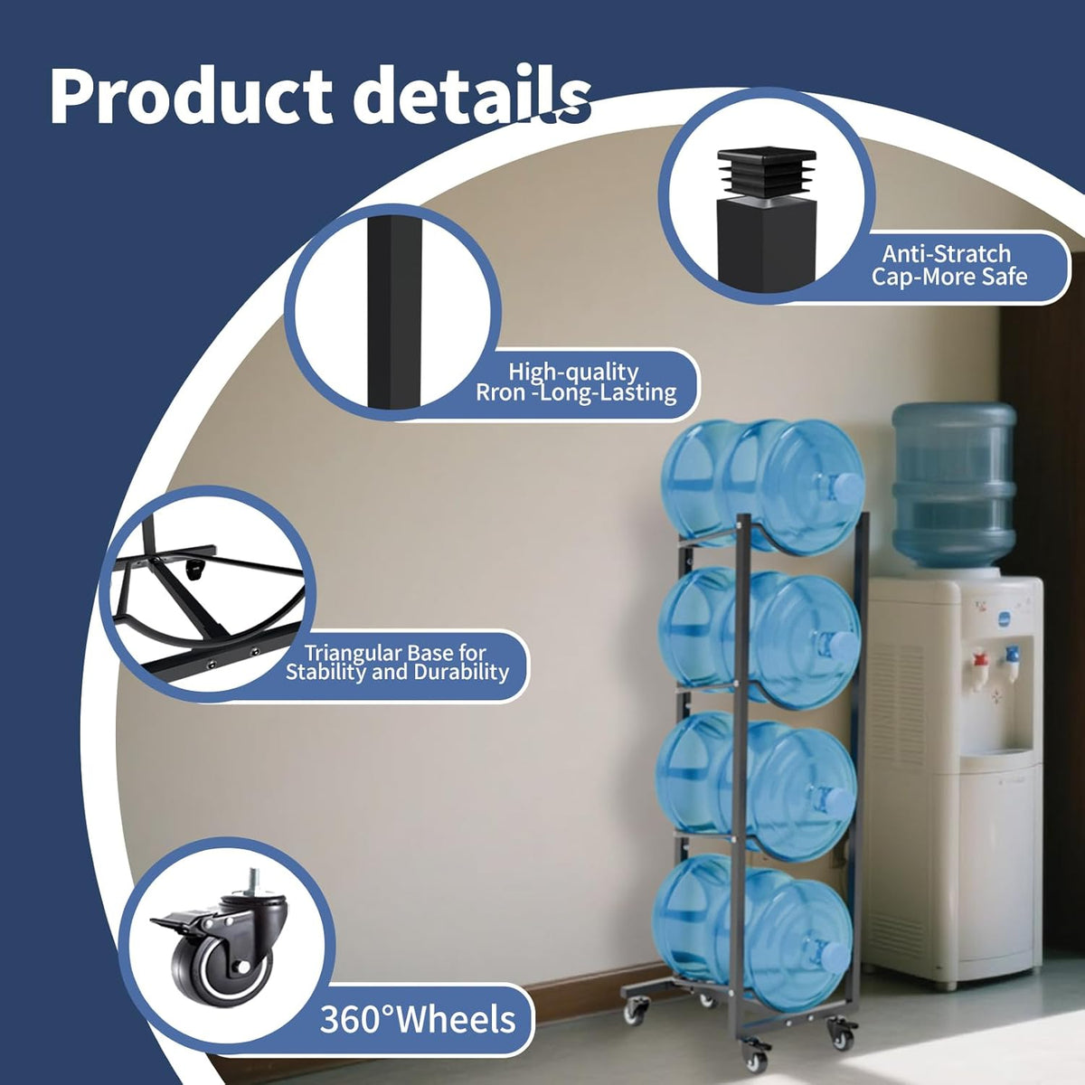 5 Gallon Water Bottle Holder: 4 Tier 5gal Water Jug Storage Rack with 4 Wheels for Home Kitchen Garage - Space Saving & Black