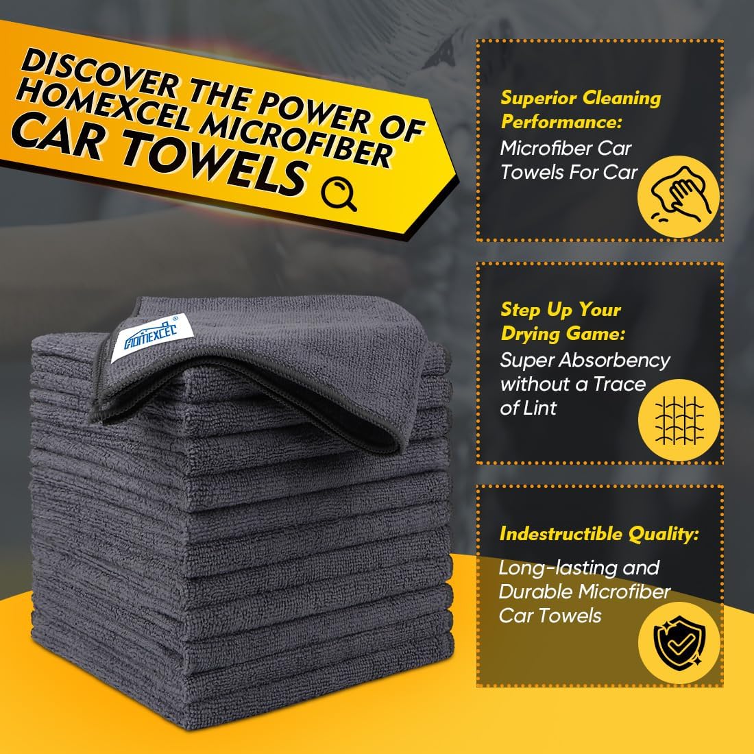 HOMEXCEL Microfiber Cleaning Cloth 12 Pack, 12.5 x 12.5 inch Microfiber Towels for Cars, Ultra Absorbent Car Washing Cloth, Lint Free Streak Free Cleaning Rags for Car, Kitchen, and Window (Grey)