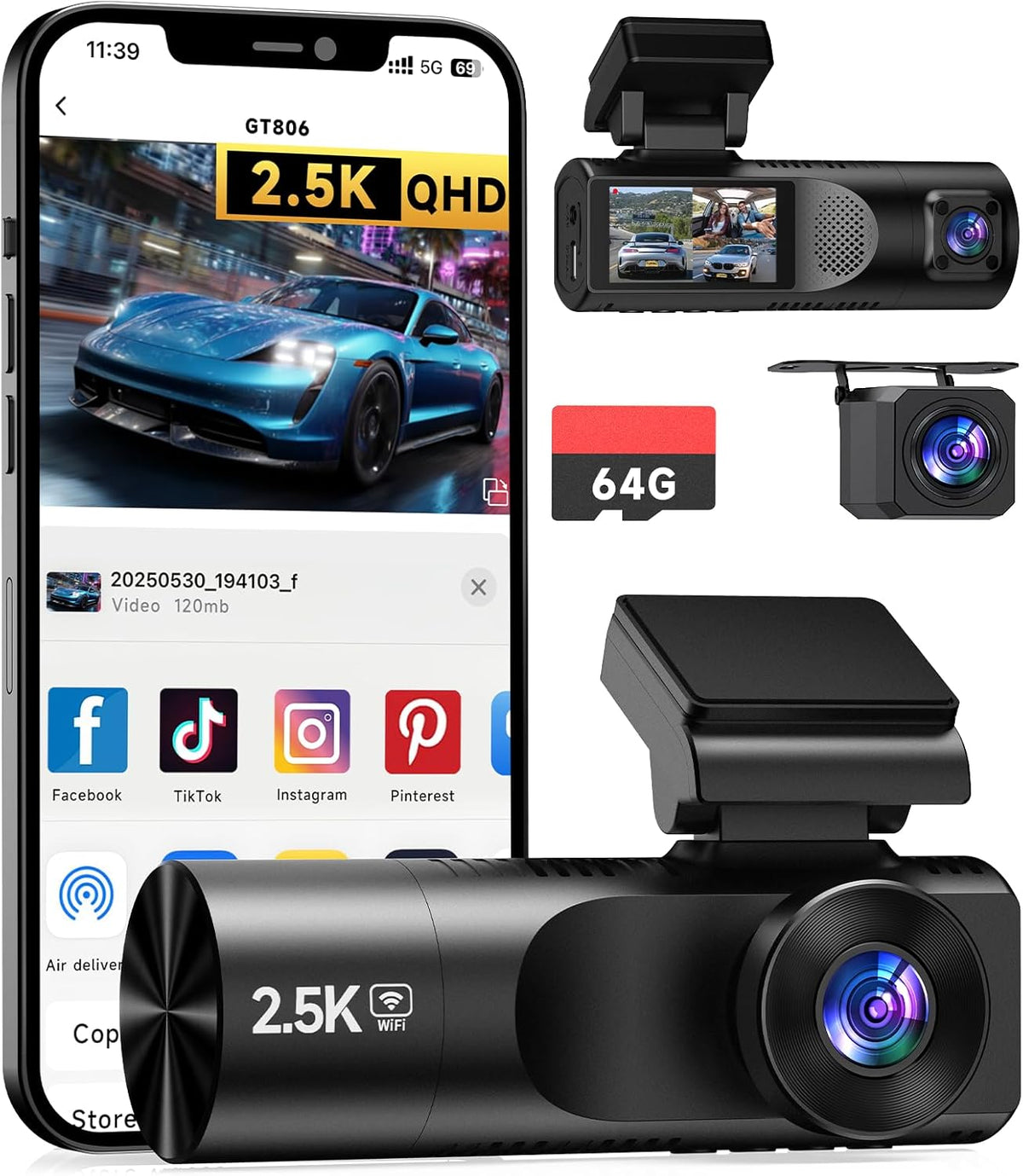 3 Channel Dash Cam, Dash Camera 2.5K Front and Dual 1080P Inside/Rear with 64GB Card, Wi-Fi Dash Cam Front and Rear, Night Vision, G-Sensor, 24H Parking, Loop Recording, 1.97”IPS, Support 256GB