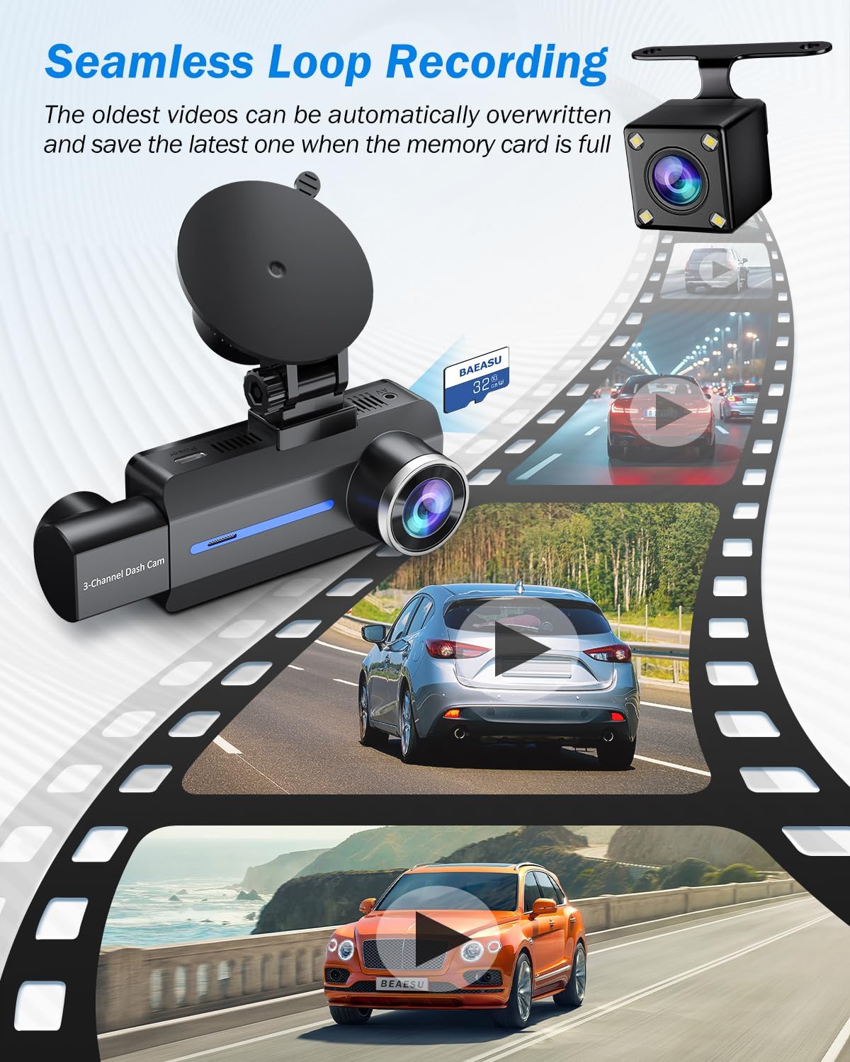 Dash Cam Front and Rear 2.5K/1440P, 3 Channel Dash Camera for Cars Dash Cam Front Rear and Inside with 32GB Card, 3.16" IPS Screen, G-Sensor, Loop Recording, Night Vision, Parking Mode