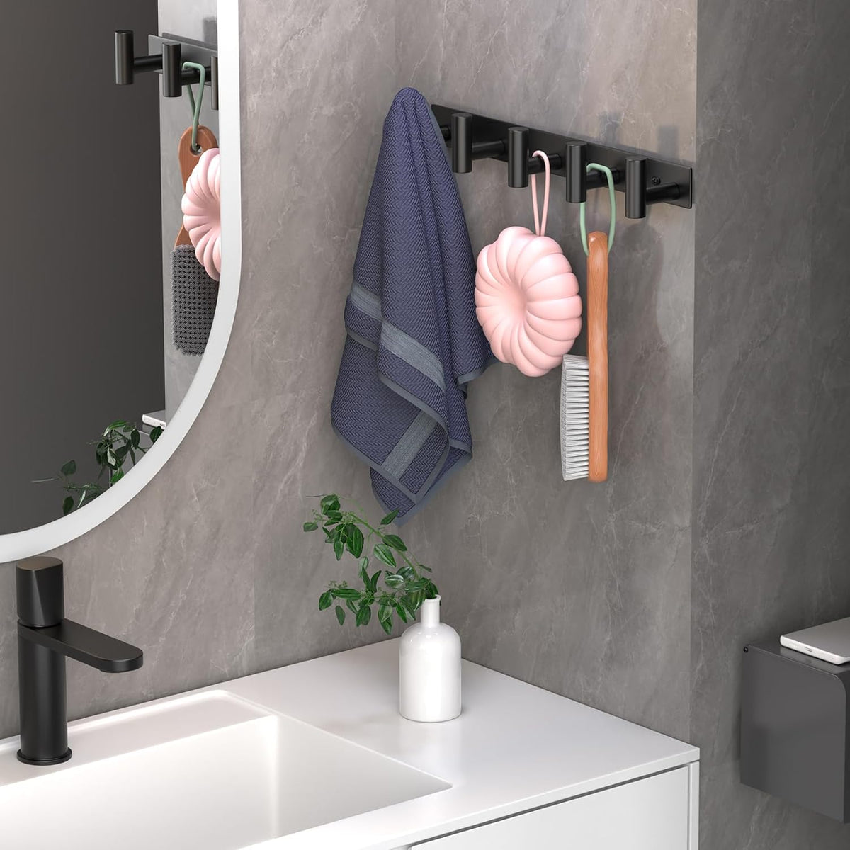 Wall Mounted Coat Rack-5 Hooks, Heavy Duty Stainless Steel Hook Rail for Towel Coat Hat Purse Bag Jacket, Towel Hooks for Entryway Bathroom Kitchen (Black 5 Hooks - 1 Pack)