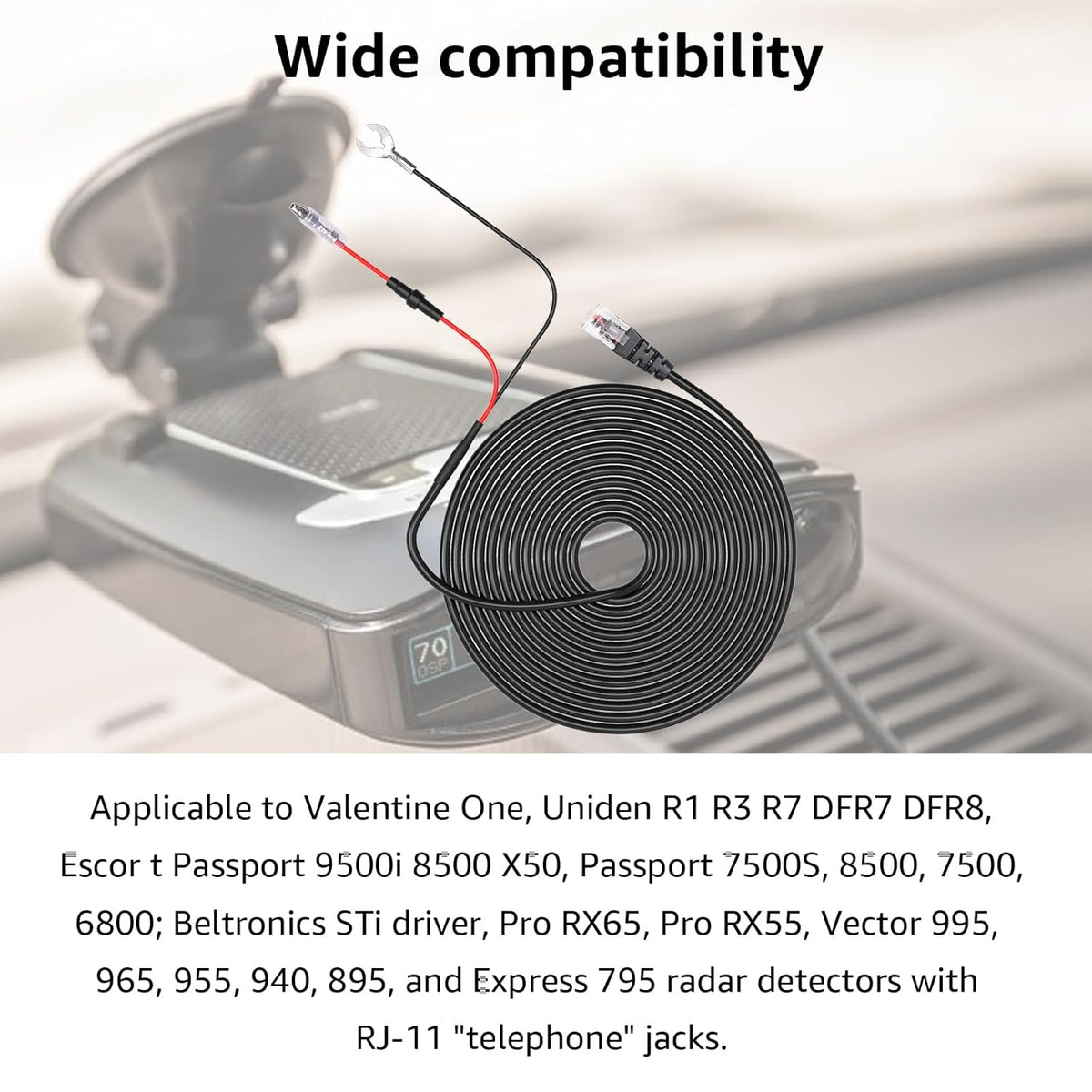 Radar Detector Hardwire Kit with RJ-11 Telephone Style Jack Direct Wire Wiring Kit Compatible with Escort Valentine One Uniden Beltronics Cobra Multiple Fuse Sizes Power Cord Cable