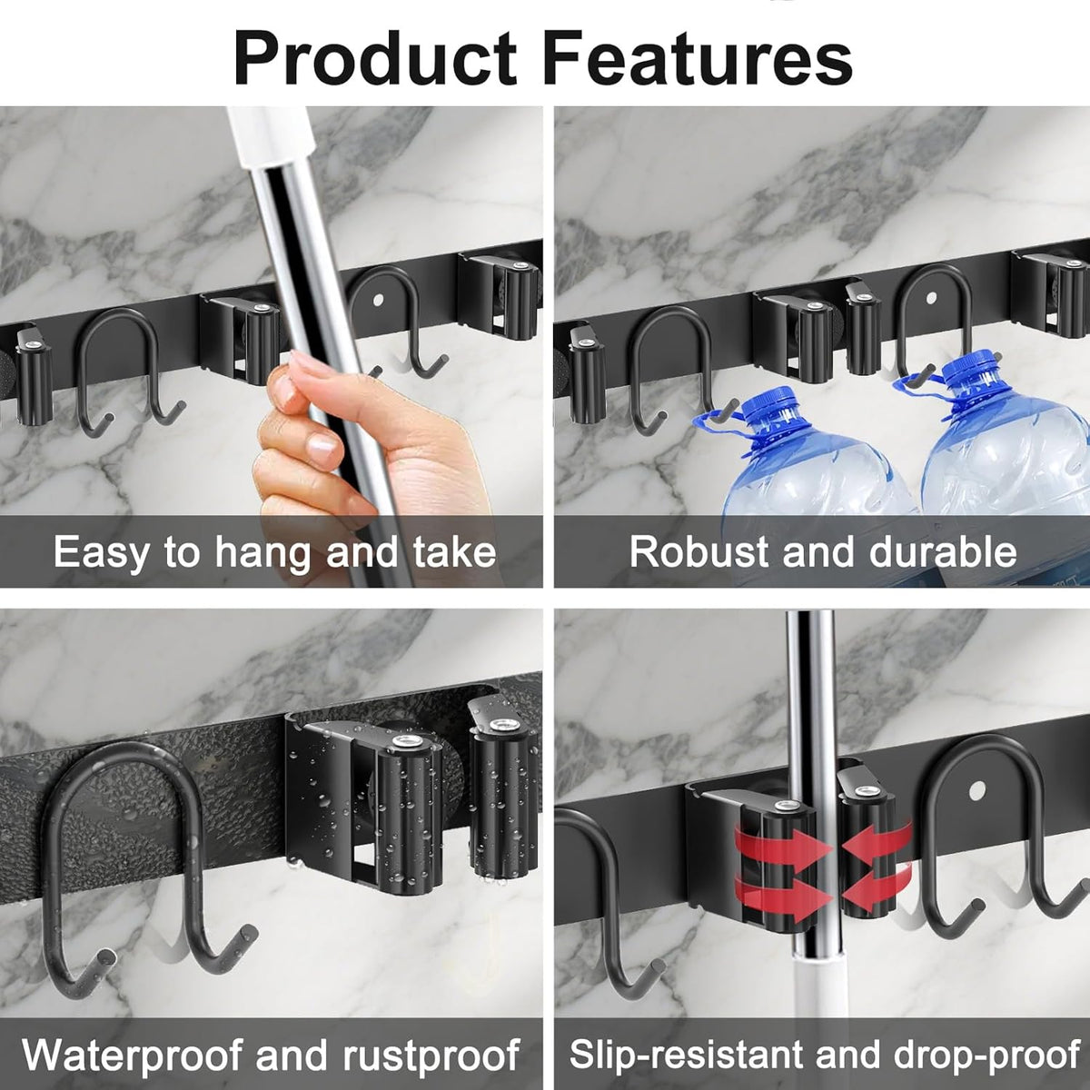 Broom Holder Wall Mount, 2 Packs Black Stainless Steel Tool Storage Organizer for Kitchen Garden Garage Laundry Room Bathroom and RV with 4 Slots 6 Hooks