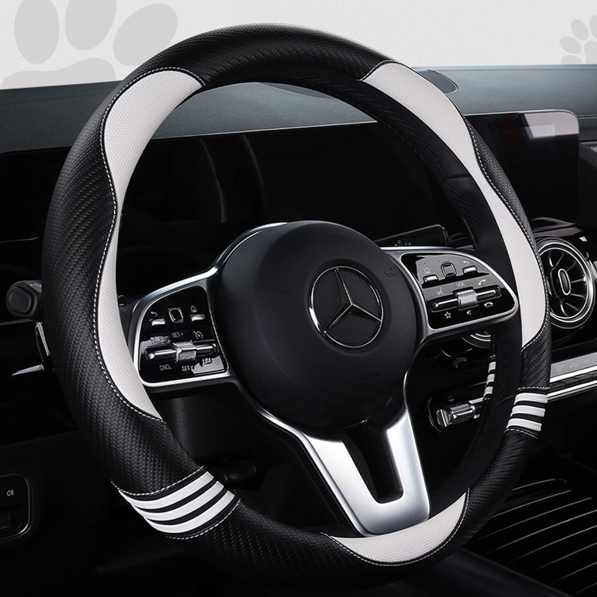 Car Steering Wheel Covers for Women Girl Padded Carbon Fiber PU Leather Cute Cartoon Auto Interior Accessories for Jeep, Truck, Universal, Anti Slip, White, Large Size 15.5-16"(39-41cm)