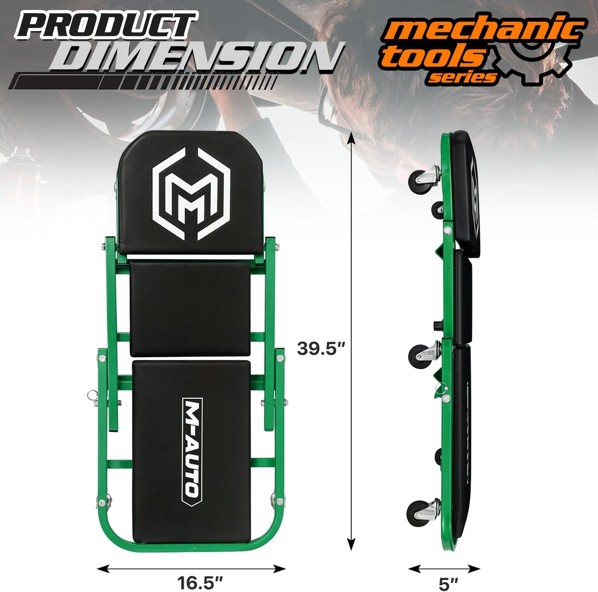M-AUTO 40-Inch Folding Creeper Rolling Seat, All-in-One Adjustable Roller Garage Chair, Lay Down or Sit, 330LBS Capacity Under Car Roller Creeper with 6 Swivel Casters, Green