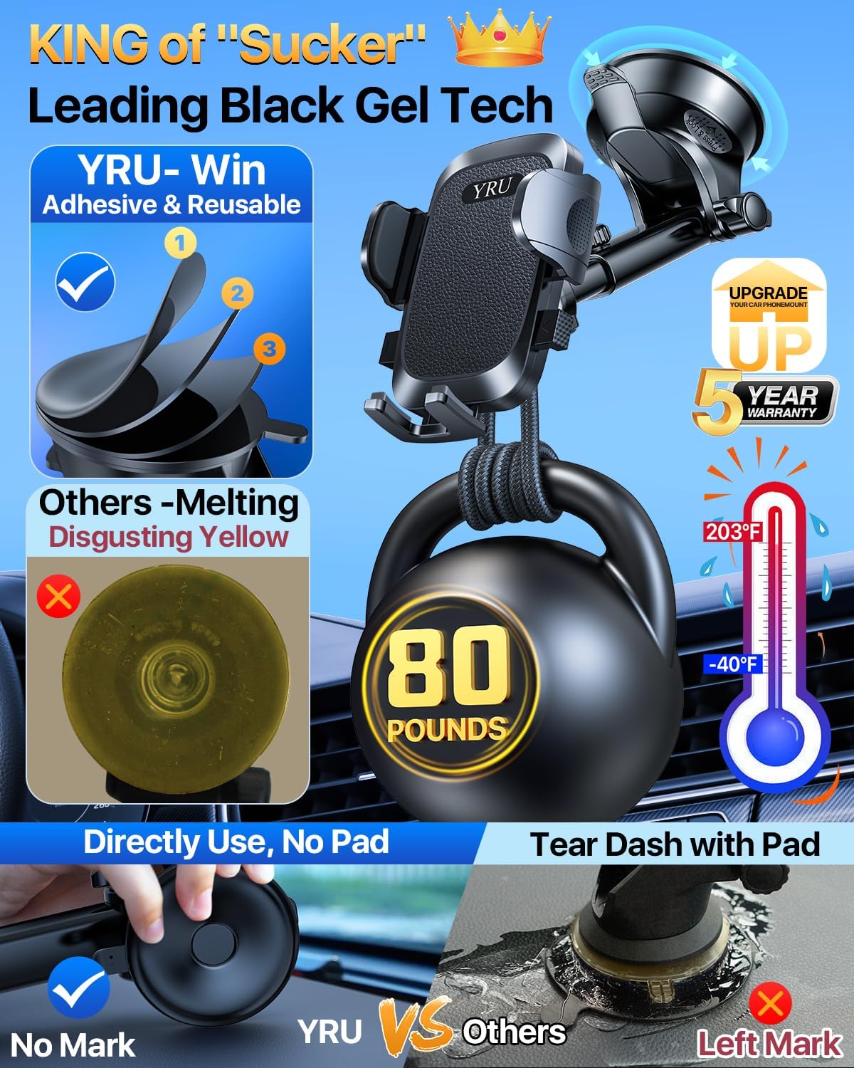 [2025 Upgrade Extreme Strong Suction] YRU Car Phone Holder Mount,[Bumpy Road Stable]Dashboard Cell Phone Holder for Car Vent Windshield Phone Stand for iPhone 16 15 14 13 Pro Max Samsung Truck, Black