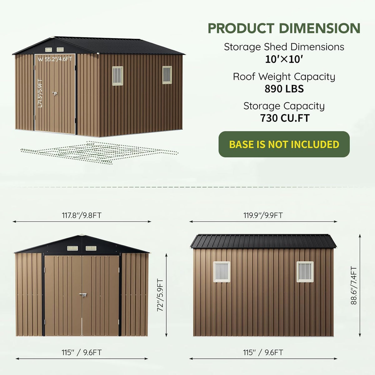 10x10 FT Outdoor Metal Storage Shed, Double Swing Doors, 2 Clear Windows,Tool Shed for Garden, Patio, Backyard Brown