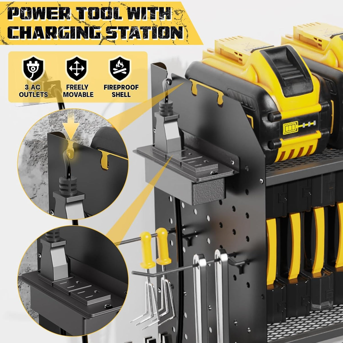 45" Large Power Tool Organizer Wall Mount with Charging Station - 3 Layer Storage Racks with 8 Cordless Drill Holder, 4 Hooks, Heavy Duty Garage Tool Organizer Storage for Workshop Pegboard Basement