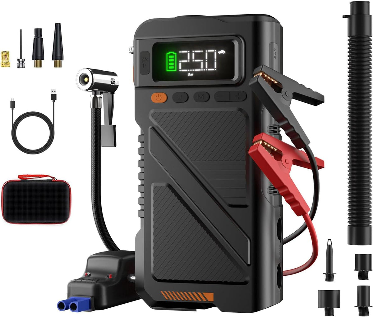 8000A Jump Starter with Air Inflator & Deflator Compressor, 9-in-1 Portable 12V Car Jump Box Power Pack for All Gas/12L Diesel Engine with 150PSI Tire Inflator & Extended Jumper Cable