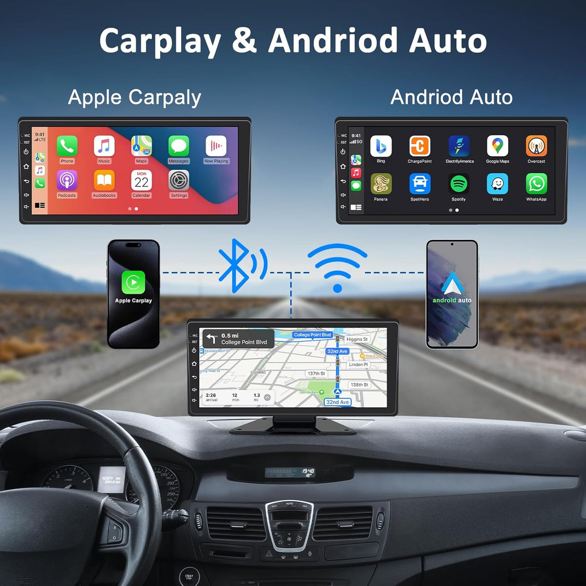 5 Channel Backup Camera System,Carplay & Android Auto,GPS Navigation, Touchable 11 inch Monitor with Loop Recording DVR car Stereo,1080P Rearview Camera for RV/Truck/Trailer Pickup,128GB Card