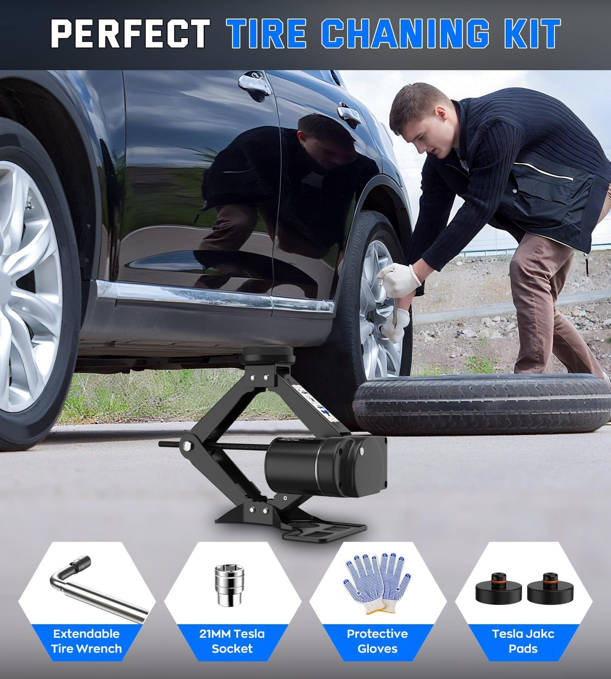 Electric Car Jack for Tesla Model Y Model 3/S/X, Portable 2 Ton 12V Electric Jack for Tesla Vehicles with Lug Wrench