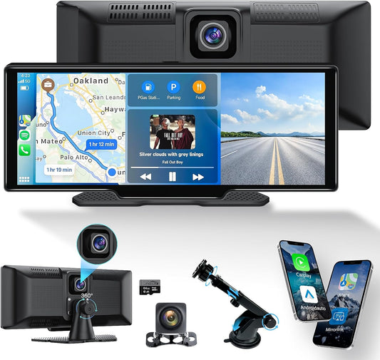 Portable Carplay Screen 10.26'' HD IPS Apple Carplay & Android Auto Screen for Car, Wireless Car Play Stereo with 4K Dash Cam/1080P Rear Camera, Car Audio Receivers,GPS Navigation,Mirror Link,FM,Siri