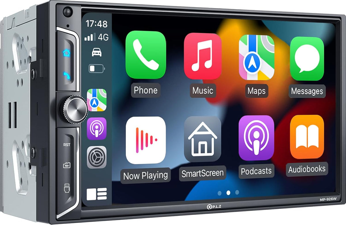 PLZ 7" QLED Wireless Double Din Car Stereo - Apple CarPlay & Android Auto, 240W 4.2CHN, 2 Subwoofers Outputs, SWC, Bluetooth, FM/AM Car Radio, Backup Camera