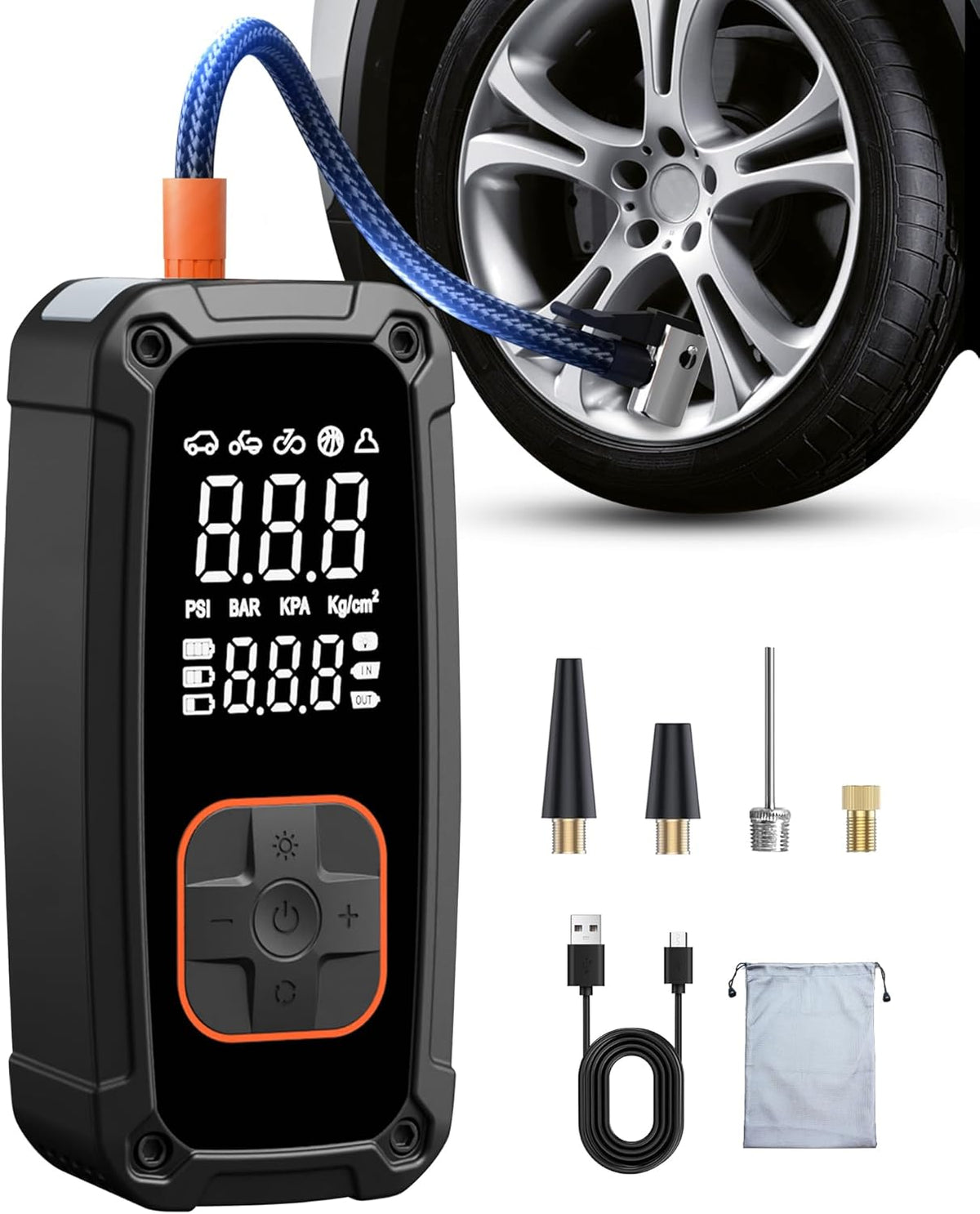 Tire Inflator Portable Air Compressor - 150PSI Air Compressor Portable with Tire Pressure Gauge and Led Lights, Fast Inflation & Auto Shutoff Function,Air Pump For Car Tires, Bike, Motorcycle, Ball