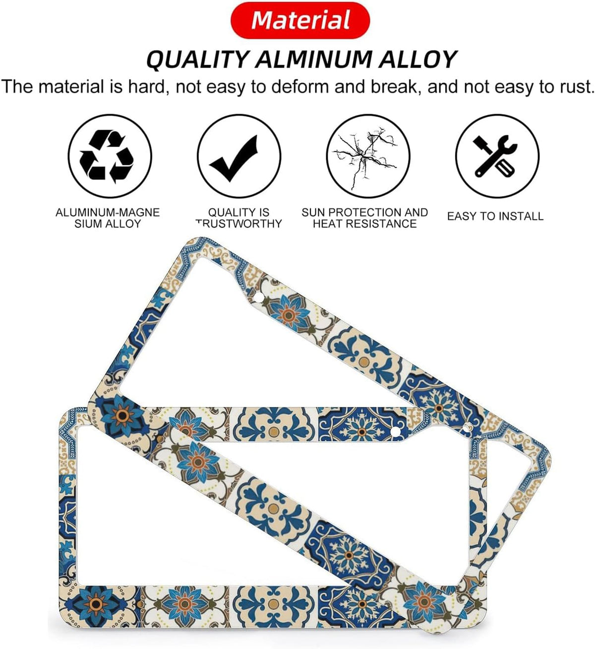 Boho Mexican Tile License Plate Frames - 2 Pcs Set 2 Holes Metal Aluminum Auto Car Accessories Decoration License Plate Frame 12.2 x 6.3 inch for Women Men Gift