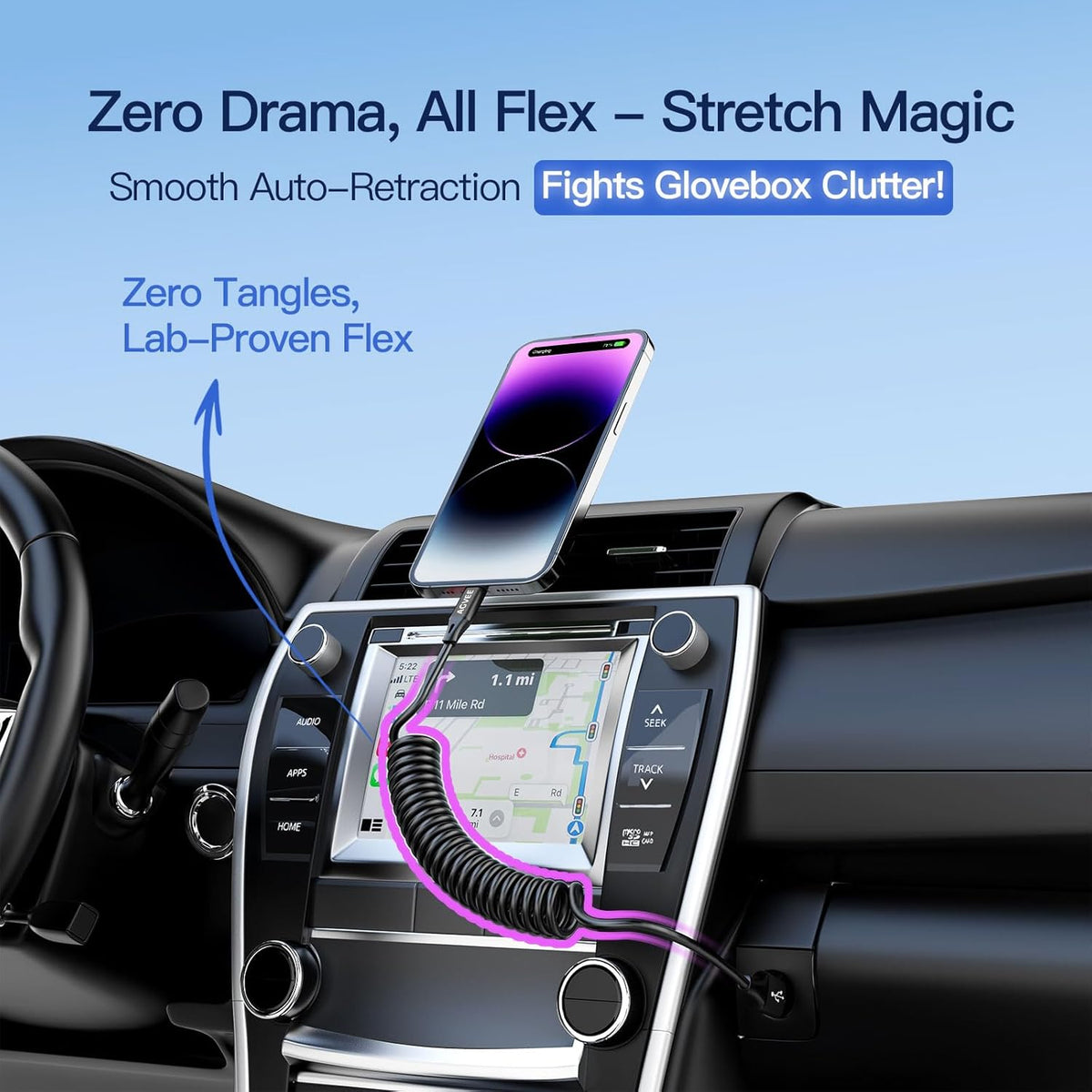 AGVEE 5ft Coiled Short USB to Lightning Charging Cable [MFI Certified] 3A Fast Charger Cord in Car for iPhone 14/13/12/11/XS/8/7/6/5 CarPlay, iPad, iPod, Black
