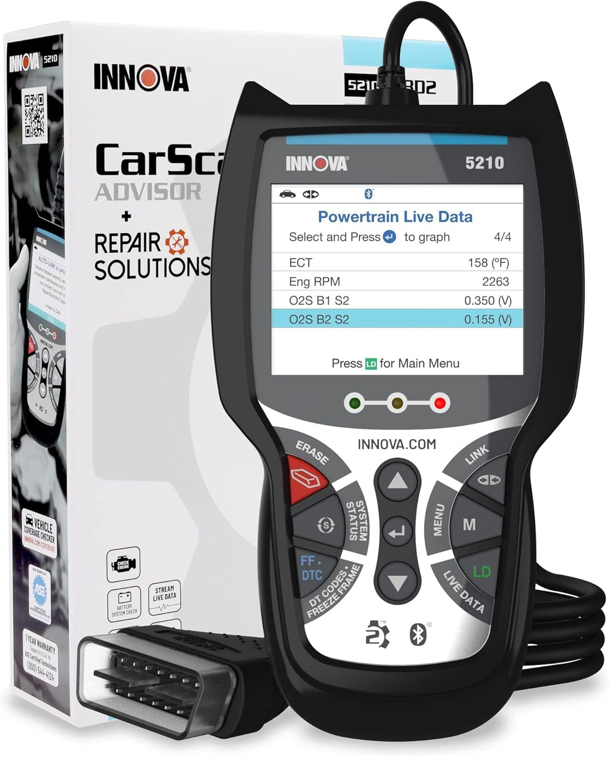 Innova 5210 OBD2 Scanner & Engine Code Reader, Battery Tester, Live Data, Oil Reset, Car Diagnostic Tool for Most Vehicles, Bluetooth Compatible with America's Top Car Repair App
