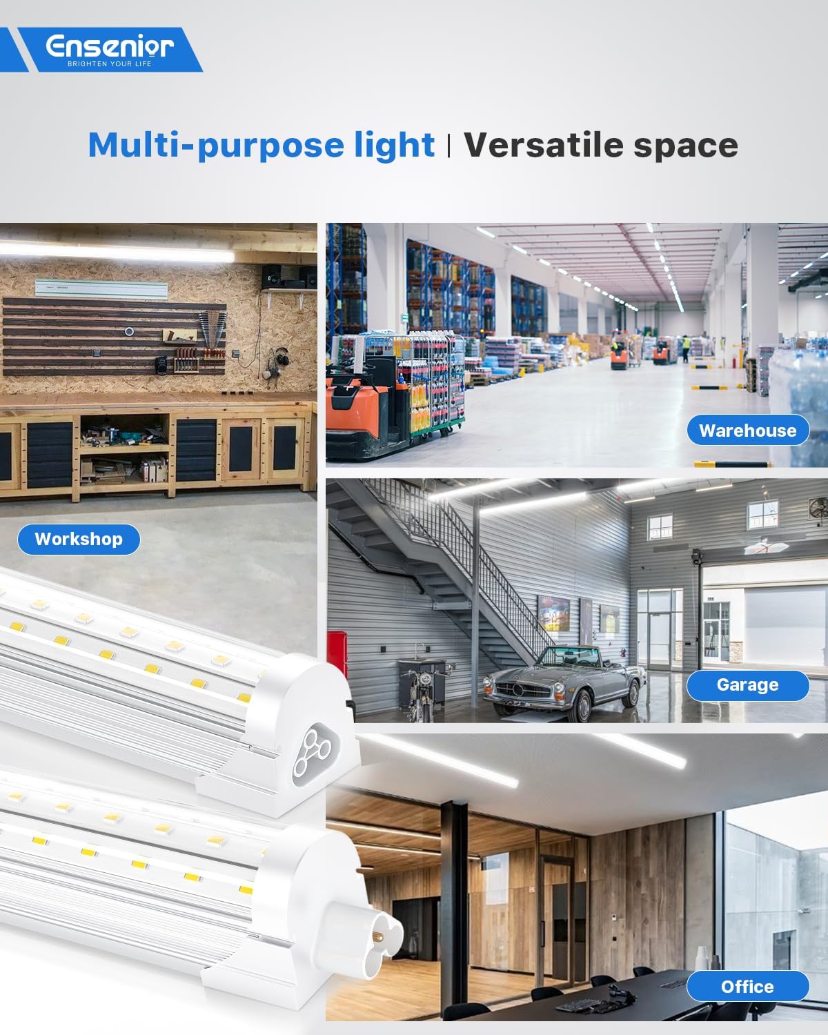 Ensenior 4 Pack 4 FT Led Shop Lights, 6000K Clear White, 5000LM Super Bright, 36W Equivalency 468W, Commercial Bay Lighting, U-Shaped Linkable Shop Lights Plug in for Garage, Workshop, FCC Certified