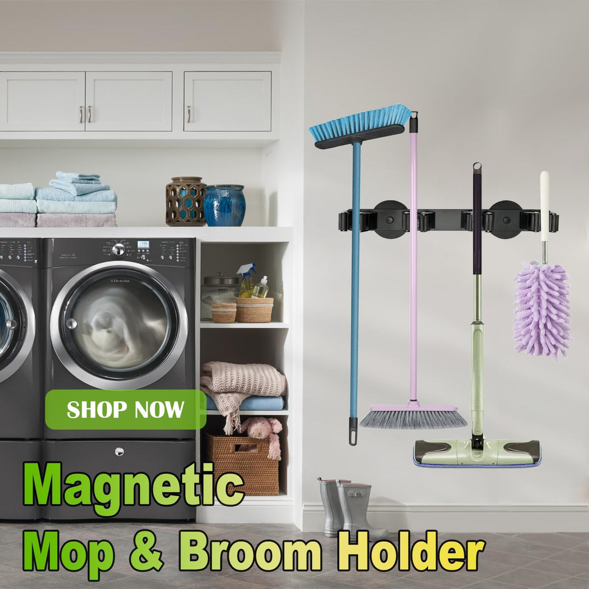 Strong Magnetic Mop Broom Holder, Heavy Duty Magnetic Mop Hanger for Refrigerators, Magnet Wall Mount Broom Holder for Cleaning Tools, Anti-slip Storage Rack for Home Kitchen Workshop Laundry Garage