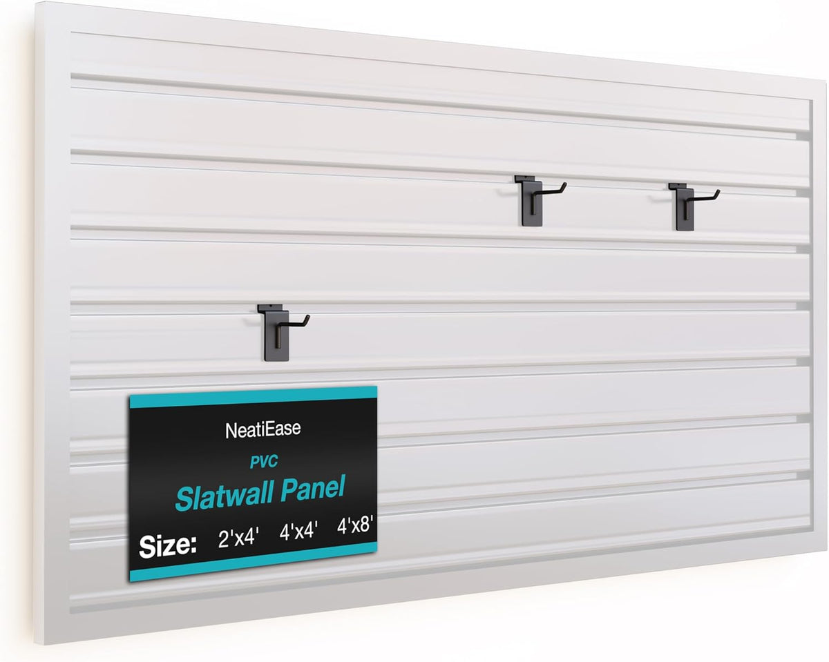 NeatiEase Slatwall Panel Wall Storage Systems, 2 x 4ft Slat Wall Paneling Garage Wall Organizer, Heavy Duty Wall Mounted PVC Wall Rack (White)