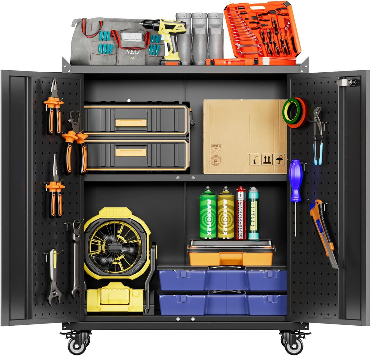 Metal Storage Cabinet with Wheels, Rolling Storage Cabinet with 2 Doors and Adjustable Shelves, Pegboard and 4 Hooks, Suitable for Garage, Home, Office, School, Black