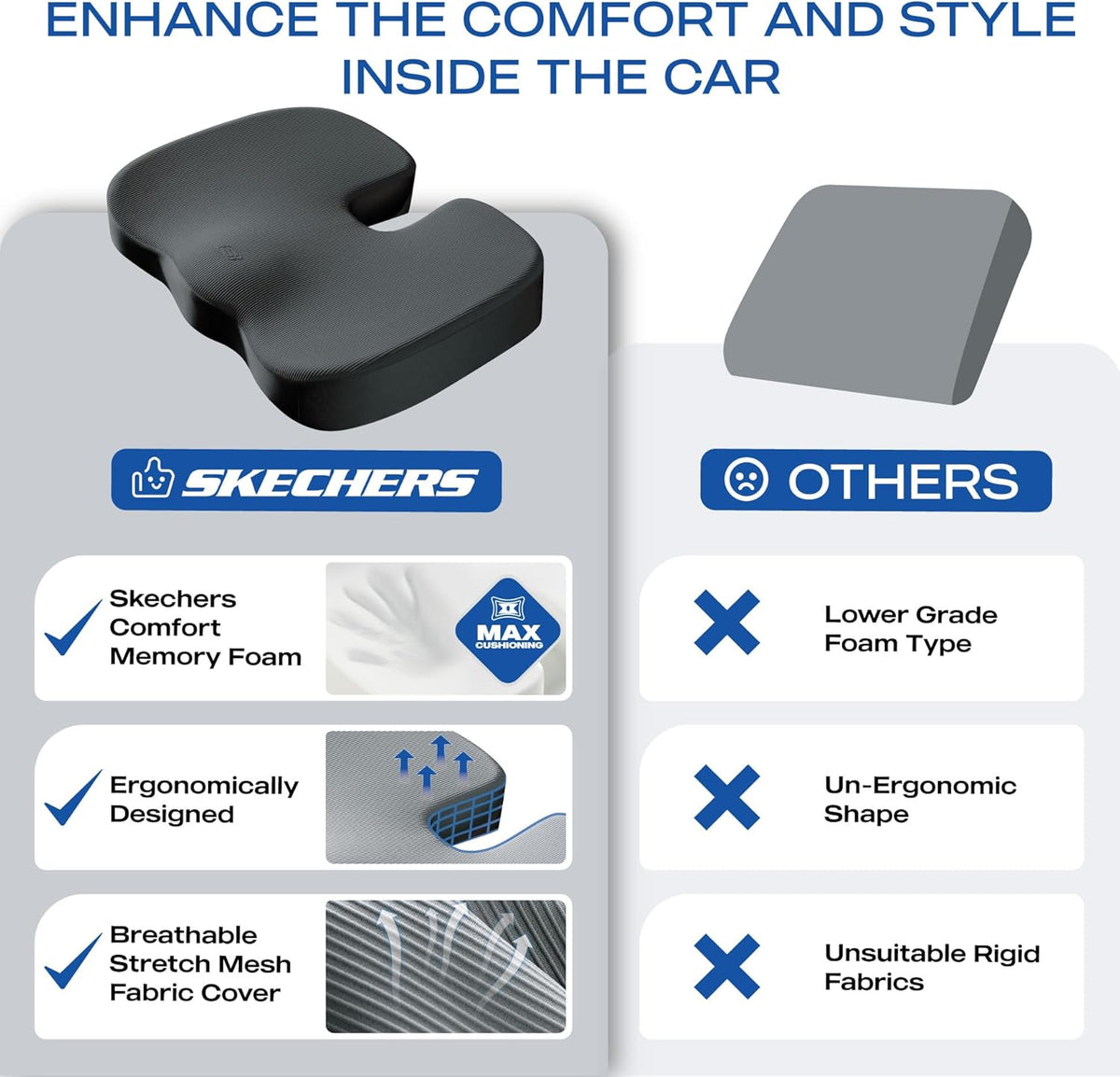 Skechers Memory Foam Seat Cushion,Office Chair Cushion for Tailbone Pain Relief,Butt Pillow for Office Chair,Car seat Cushion,Computer Desk,Long Sitting Office Workers,and Car Drivers,Black