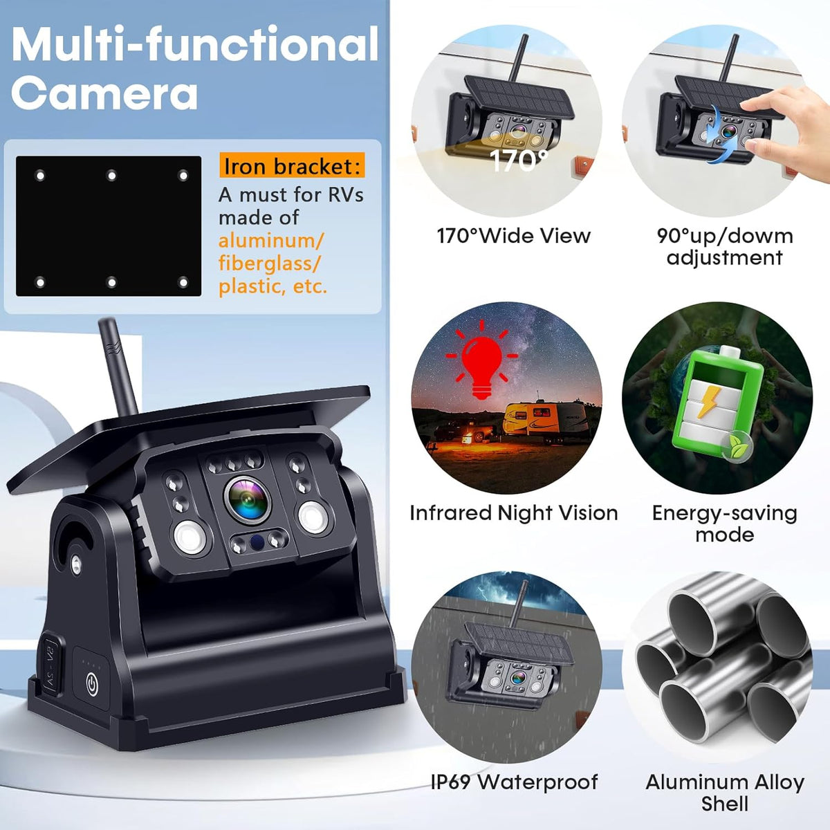 Wireless RV Backup Camera 7-inch for Trailer: Easy Setup Solar RV Rear View Camera with Recording - 4 Channels Strong Magnetic HD 1080P Long-Battery Life for Camper, Truck, Fifth Wheel