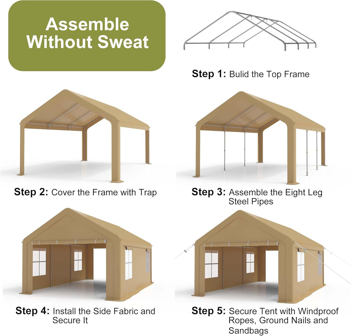 Heavy Duty Carport, Portable Garage with 4 Doors & 4 Window，Upgraded Carport with Reinforced Steel Poles, Uv Resistant All-Season Waterproof Tarp, for Car, Truck, Boat