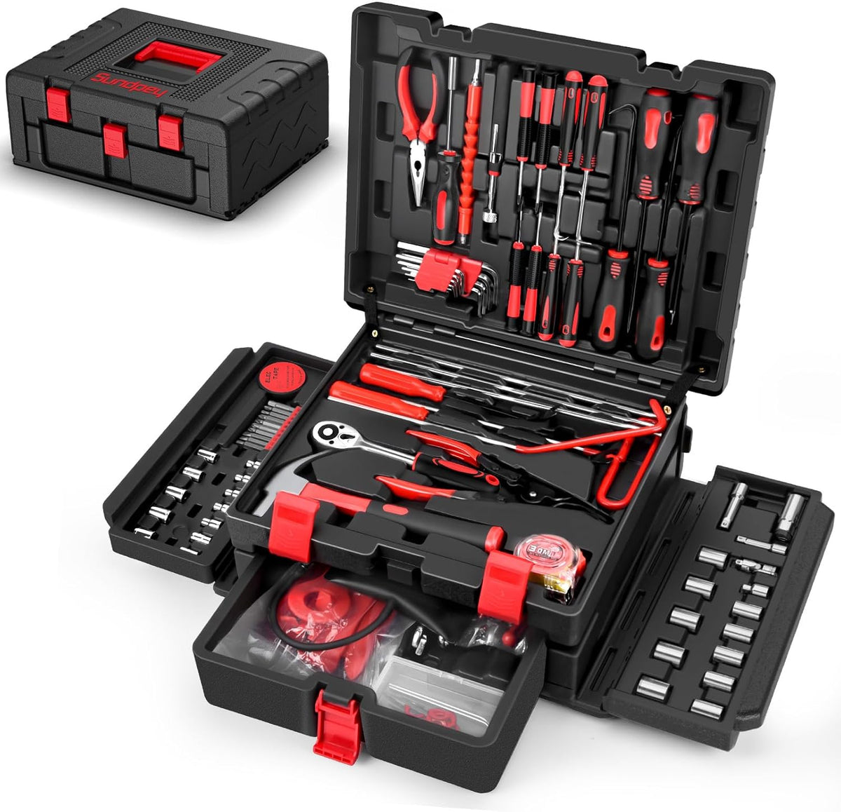 Sundpey 132-PCs Car Tool Kit - Portable General Basic Home and Automotive Repair Tool Set with Drawer for Men Women with Hook & Pick & Fastener & Valve Stem Removal Tools for RV Truck Motorcycle Bike