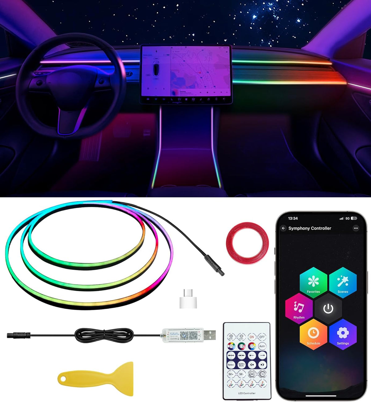 KENANEK Acrylic Interior Car LED Strip, 55.12-inch USB/Type C Interface Colorful car Ambient Lights kit，Supporting Wireless Control Modes，with 16 Million Color Options