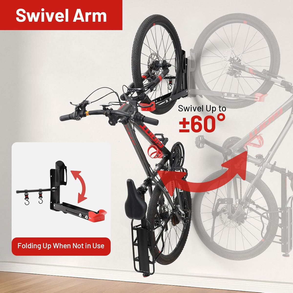 Bike Wall Mount Rack Adjustable & Foldable Garage Bike Rack with Swivel Design & 2 Storage Hooks, Fits 20"-29" Bikes, Holds Up to 77 lbs, Easy Install & Space-Saving Bike Storage 2 Pack