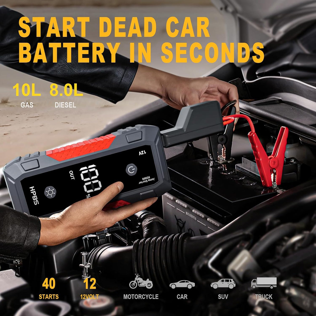 Jump Starter - 4000A Jump Starter Battery Pack for Up to 10.0L Gas and 8.0L Diesel Engines, Model H2000 12V Portable Car Battery Jump Starter Box with 3.0" LCD Display