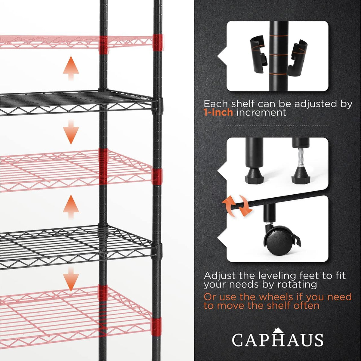 CAPHAUS 3/4/5-Tier Adjustable Height Wire Shelving Unit, Wire Rack Shelving, Metal Steel Storage Shelves, Garage Shelving Storage Organizer, Utility Storage Shelf, 5-Tier With Wheels, Black