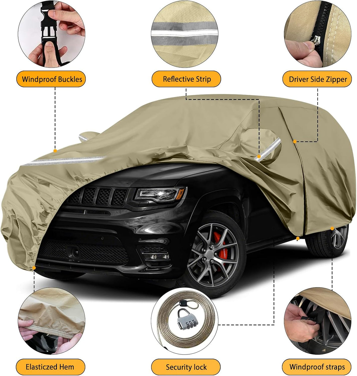 Waterproof Car Covers Replace for 2011-2025 Jeep Grand Cherokee, Multilayer Heavy Duty with Cotton Liner All Weather Car Cover with Zipper Door, Windproof Bands for Snow Rain Dust Protection