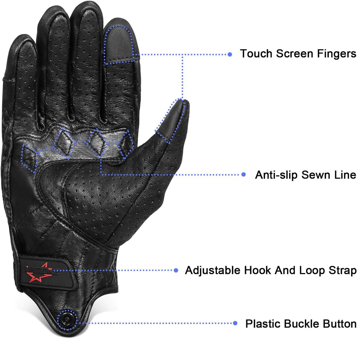Superbike Full Finger Goat Skin Leather Touch Screen Motorcycle Gloves Men/Women S,M,L,XL,XXL (Perforated, L)