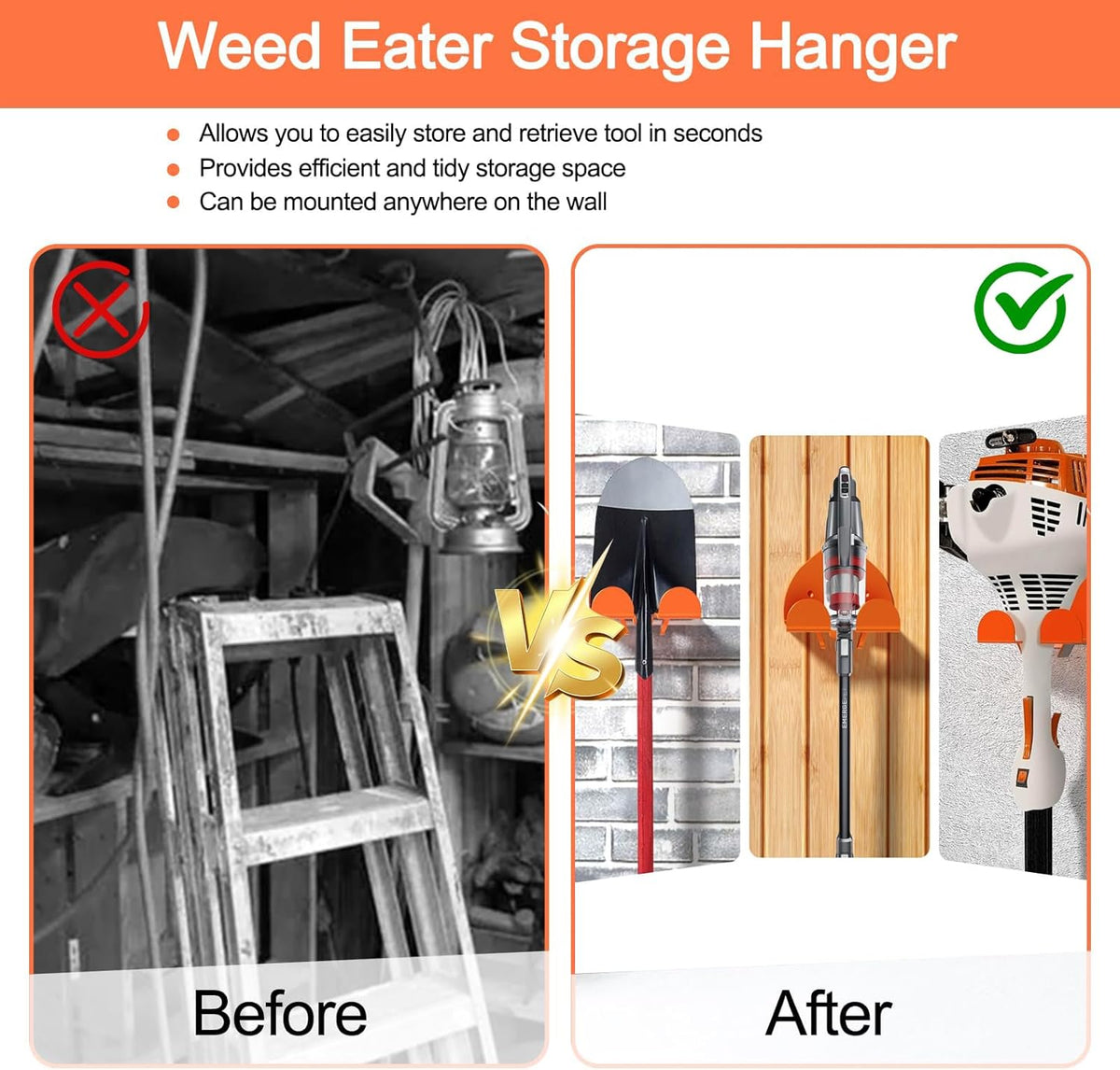 2 Pack Garage Organizer Trimmer Rack, Heavy-Duty Wall Mount Hanger for Grass Trimmer, Weed Eater & Power Tools