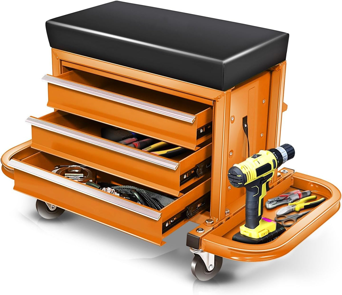 Auto Dynasty 3-Drawer Mechanic Rolling Seat, 350 LBS Capacity Roller Garage Shop Seat with Storage Tool Tray for Workshop, Repair Shop, Warehouse, Orange