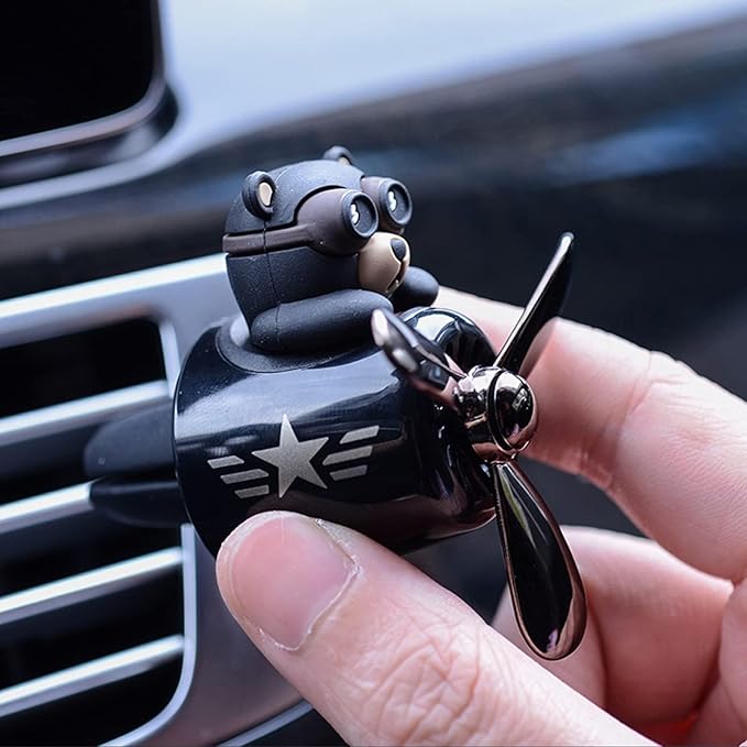 2 Pieces Car Air Fresheners, Cute Bear Pilot Car Diffuser, Propeller Air Outlet Vent Fresheners, Suitable for Automotive Interior Decoration (Black + Silver)