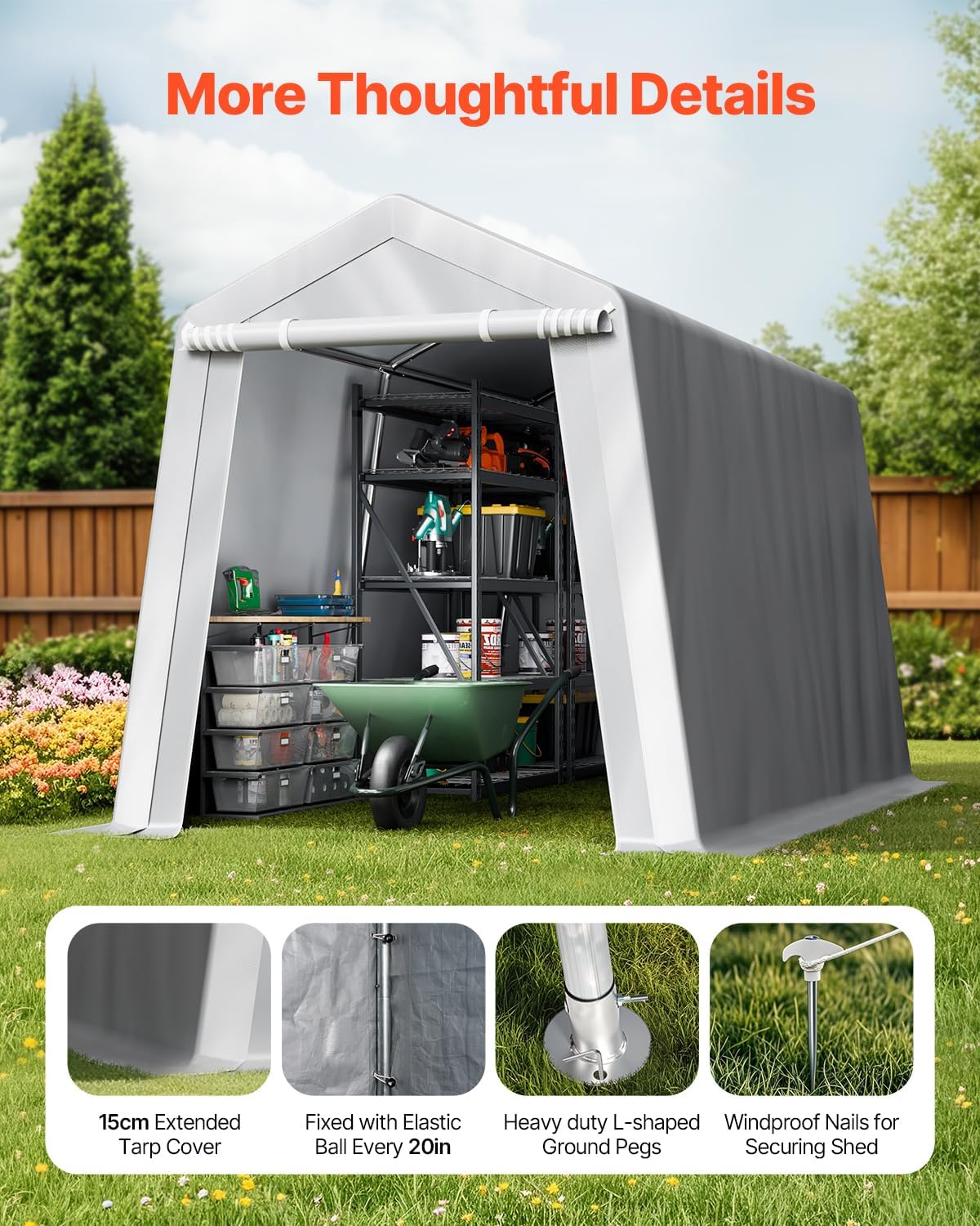 VEVOR Outdoor Storage Shed, 7 x 12 ft Portable Storage Tent with Roll-up Door & Vents, Waterproof Canopy Shed Shelter, Heavy Duty Frame, Patio Garage Carport for Motorcycle, Lawn Mower, Bike, Grey