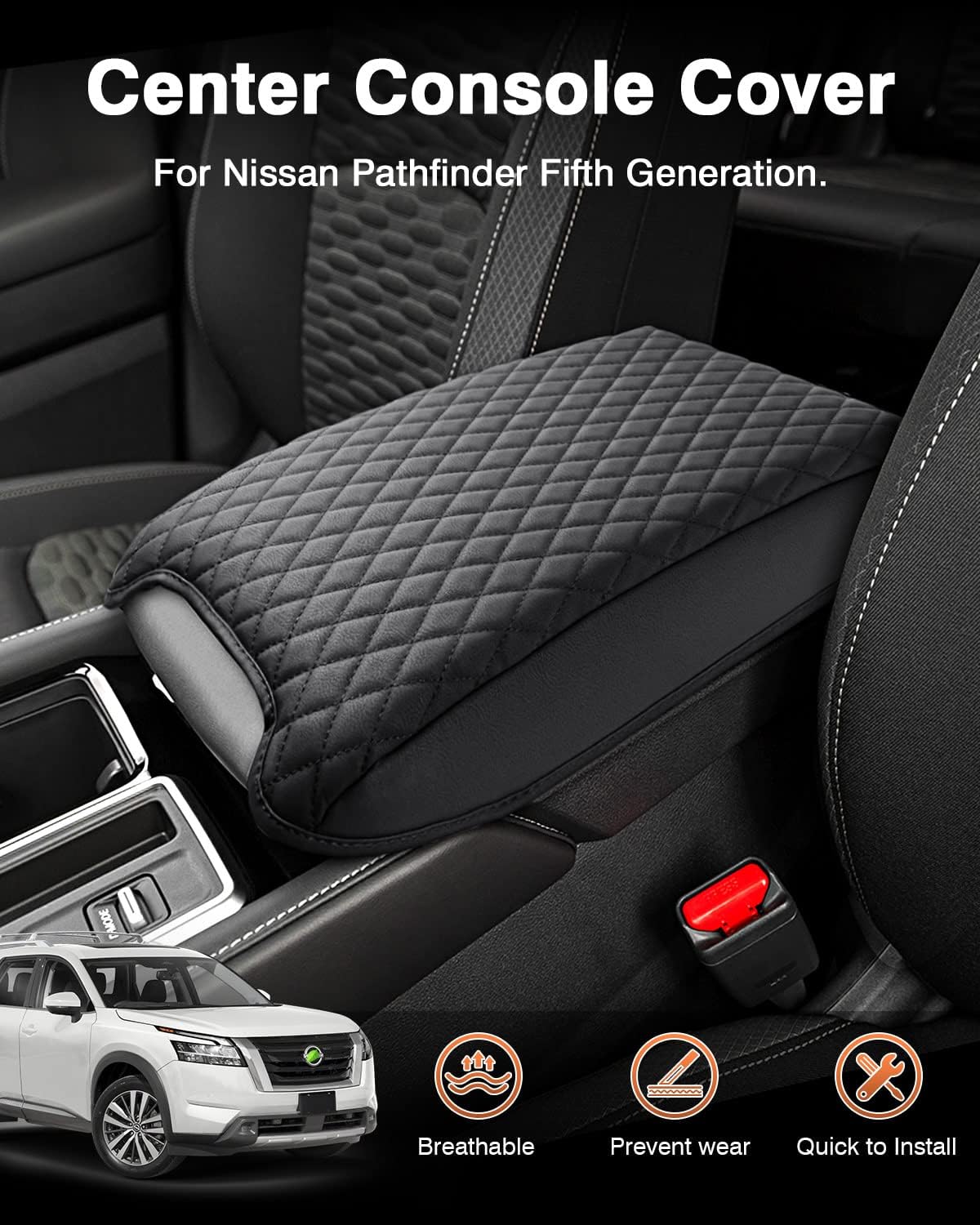 Shademax Custom Fit for Center Console Cover Nissan Pathfinder 2025 2024 2023 2022 2026 Armrest Cushion Pad Cover PU Leather Pathfinder Accessories Anti-Scratch Black