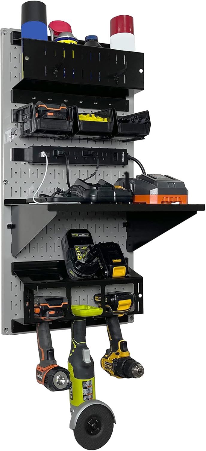 Wall Control Power Tool Storage Organizer Kit Cordless Drill Holder Charging Station Rack 16” x 32” Metal Pegboard Organization System (Grey Pegboard)