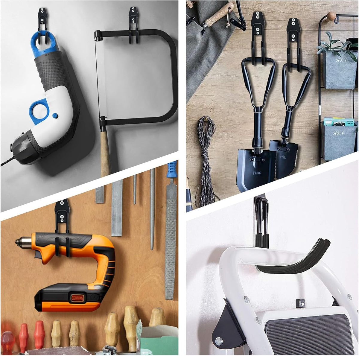 Garage Storage Utility Hooks，Garage Garden Tool Organizer，Steel Wall Mount Hooks, Large Garden U Hooks （2 Pack） (Type-2-Black)