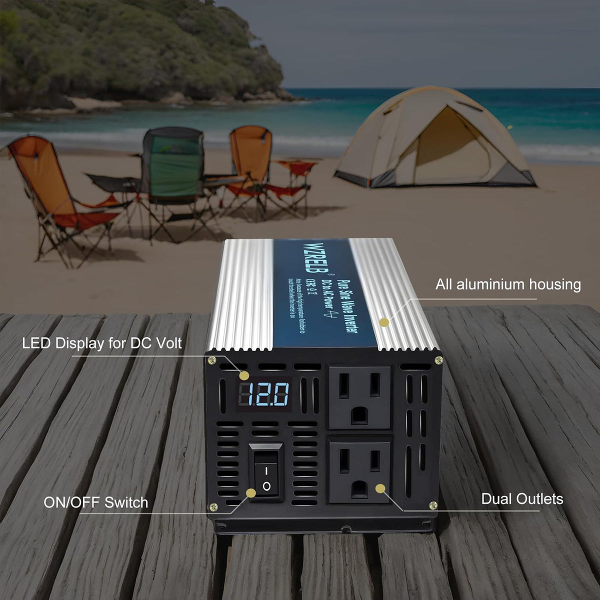 WZRELB 800W Pure Sine Wave Inverter 12V DC to 110V 120V AC,Car Power Inverter with Dual AC Outlets, LED Display,Off-Grid Portable Power Converter for Home, RV, Truck, Camping