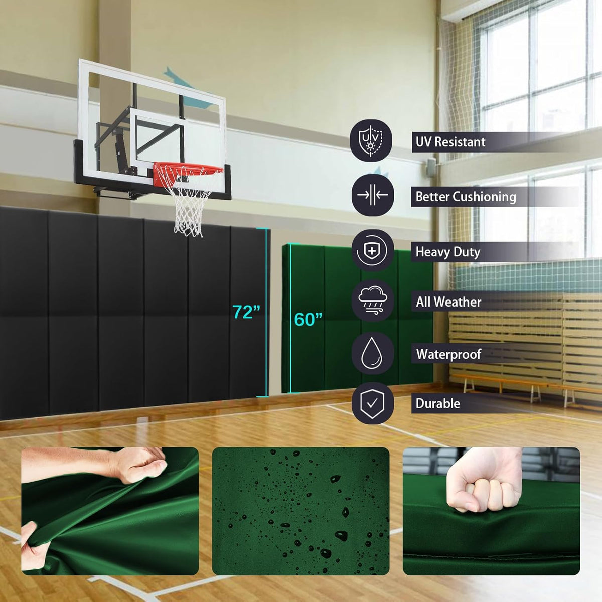 PROGOAL 60"/72" High Gym Wall Padding 2"/4" Thick Foam Basketball Court Wall Mount Protector for Garage Taekwondo Babyroom - Durable Waterproof Anti-Cushion