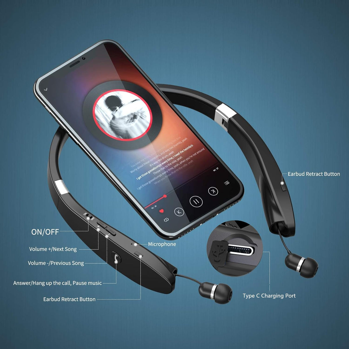AMORNO Foldable Bluetooth Headphones Wireless Neckband Headset with Retractable Earbuds, Sports Sweatproof Noise Cancelling Stereo Earphones with Mic
