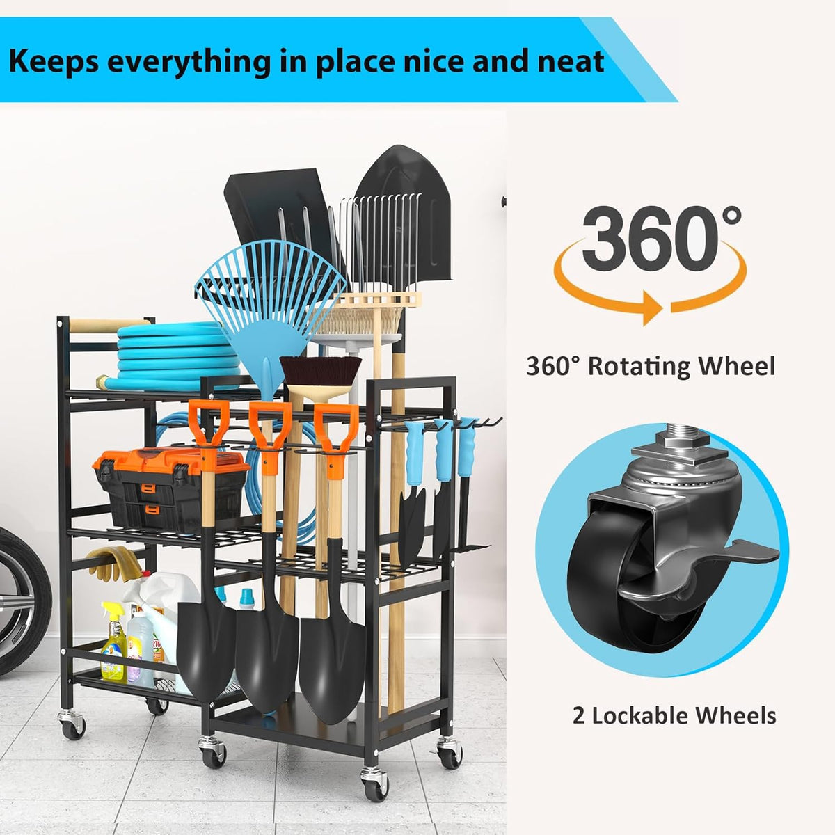 NADAMOO Garden Tool Organizer with Rolling Wheel, 3-tier Metal Shelf Yard Tool Holder, Utility Stand Rack for Garage Organization and Storage, Hold Long-Handled Rakes, Shovel, Broom