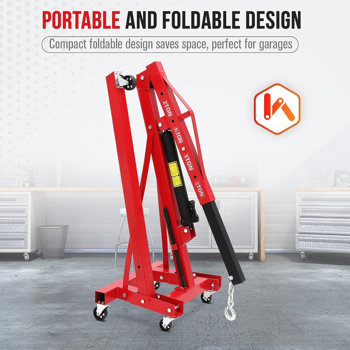 2 Ton Engine Hoist, Hydraulic Cherry Picker Engine Hoist Lift, 4400LBS Heavy Duty Crane Lifter with 6 Casters and Telescopic Boom, Foldable & Portable Design, for Garage, Workshop, Warehouse (Red)