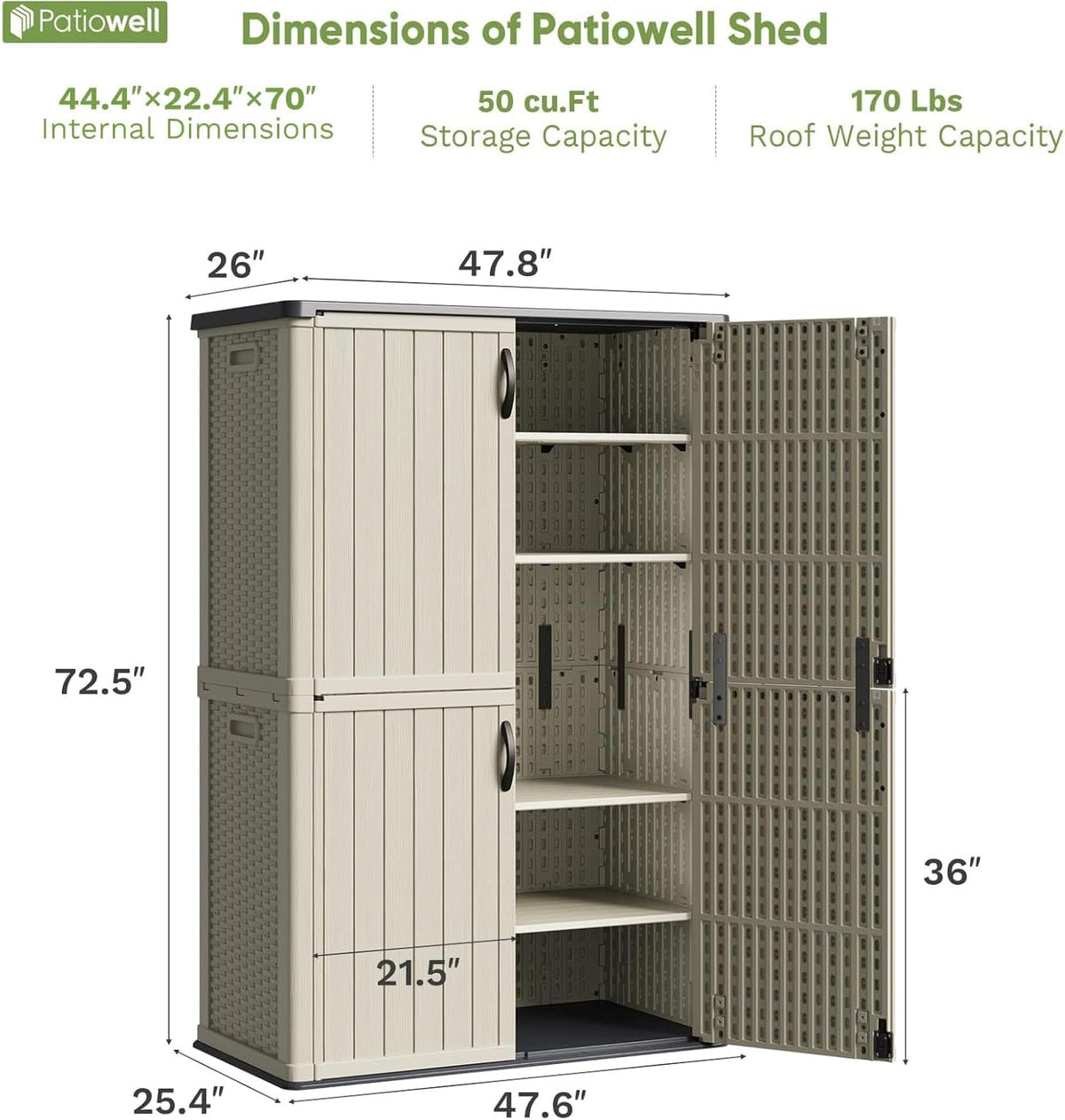 Patiowell 50 cu.ft Plastic Outdoor Storage Shed, Lockable Waterproof Resin Storage Cabinet Vertical Storage Shed for Garden Tools, Garbage Cans, Pool Supplies, Beige(Not Include Shelves)