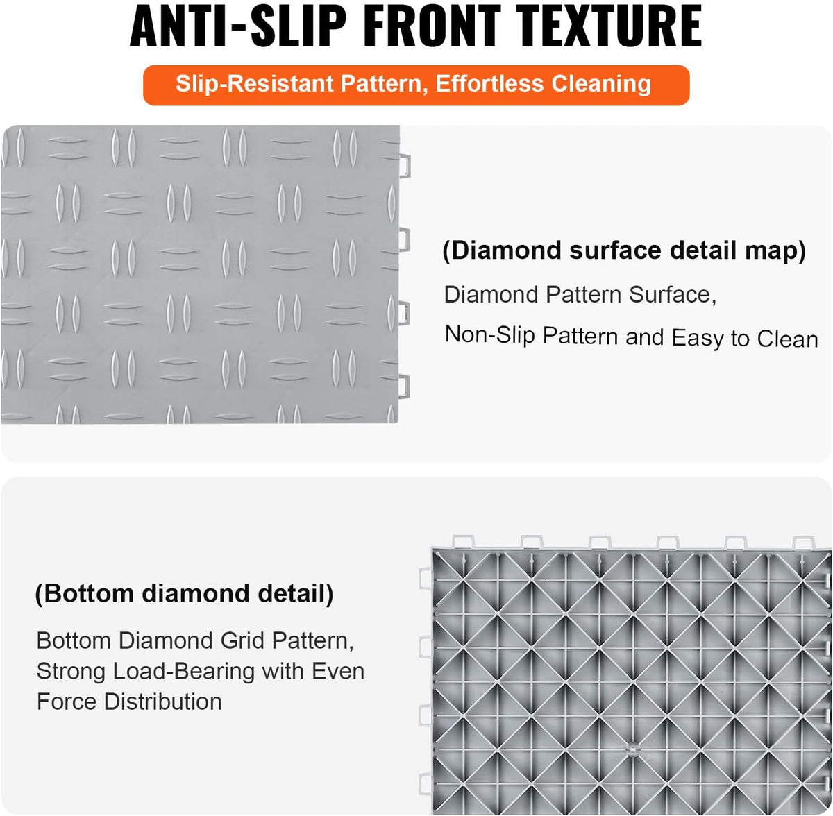VEVOR Garage Tiles Interlocking, 12 x 12 x 0.53 inch 50 Pack Garage Floor Covering Tiles, Non-Slip Double-Sided Texture Garage Flooring Tiles, for Garages, Basements, Repair Shops, Silver