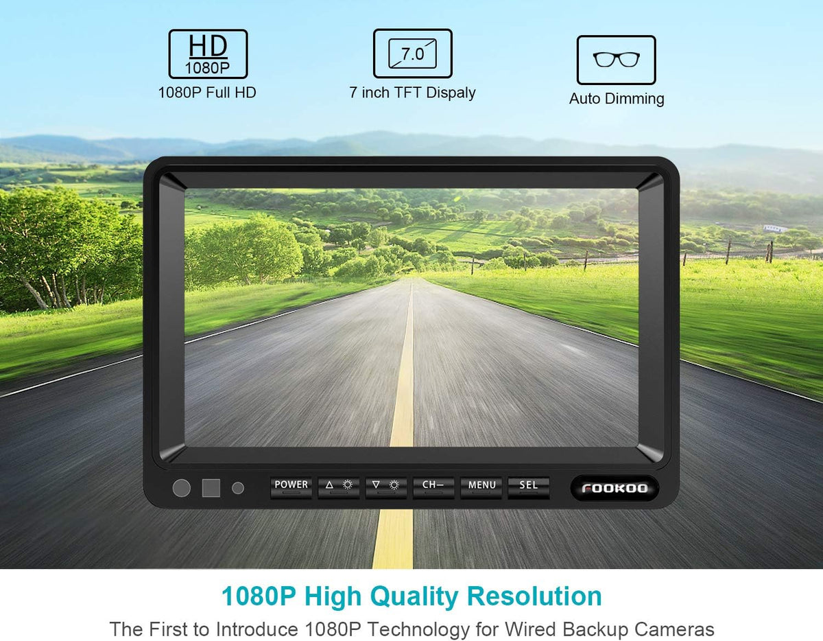 FOOKOO Ⅱ HD Backup Camera System Kit,7''1080P Reversing Monitor+IP69 Waterproof Rear View Camera,Sharp CCD Chip, 100% Not Wash Up,Truck/Semi-Trailer/Box Truck/RV (FHD1-Wired)